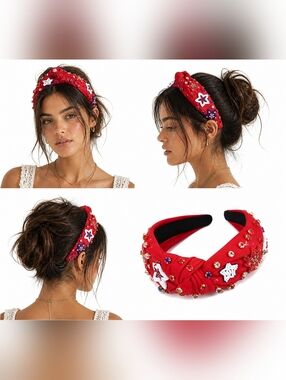 New Patriotic Rhinestone & Beads Knotted Headband Red White Blue Jeweled Stars